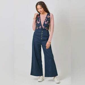 Size L denim Embroidered Floral Wide-Leg Jumpsuit with embroidery NWT- FP inspo